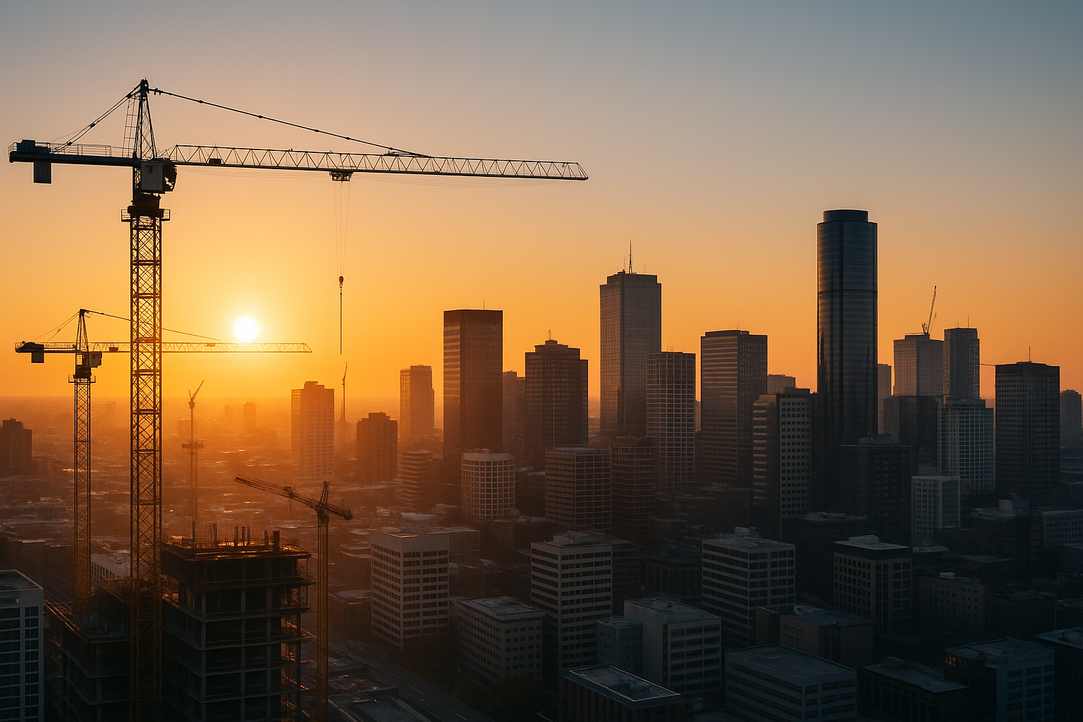 Cityscape with cranes at sunrise
